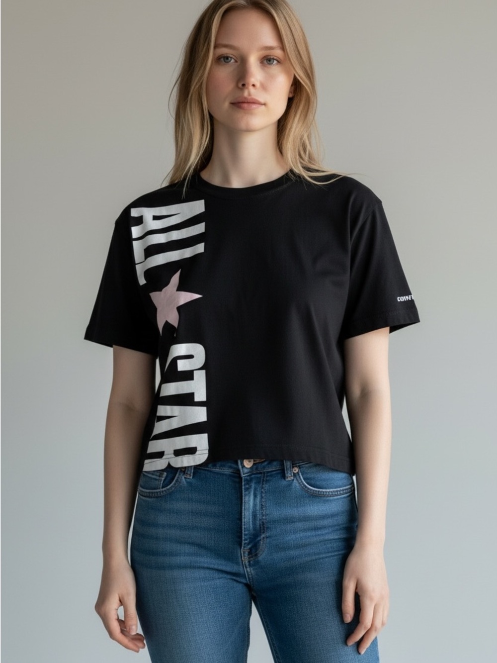 Converse All Star Y2K Streetwear Cropped Graphic T-Shirt Black Pink Size Small